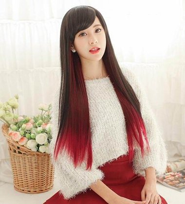 女生 斜刘海长发双层染发发型